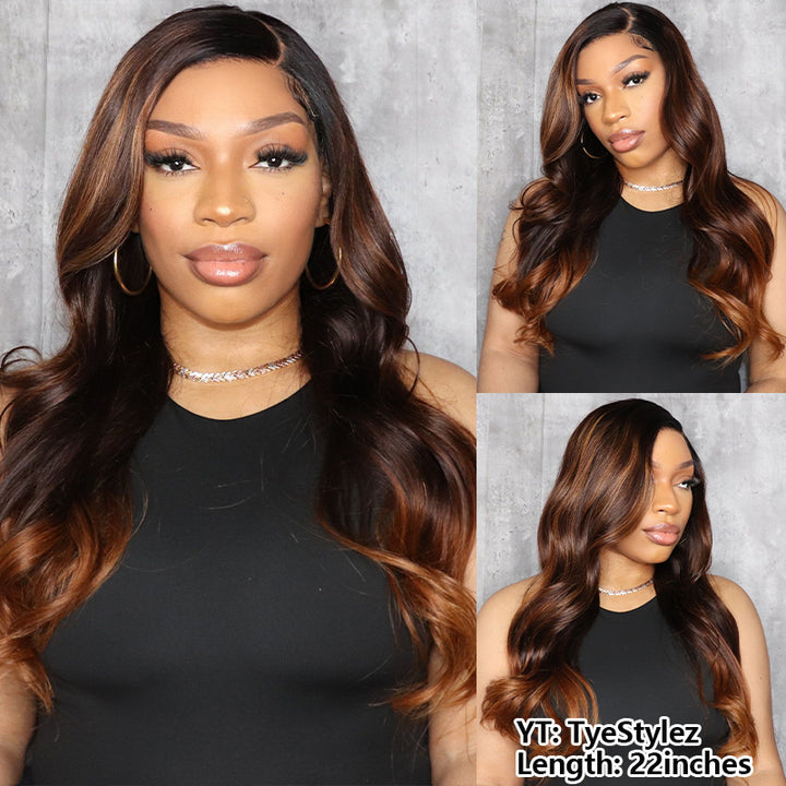 Wear & Go | Brown Loose Body Wave Pre-Bleached Glueless Wig Black Hair with Chestnut Brown Highlights Lace Wig Dome Cap Wigs