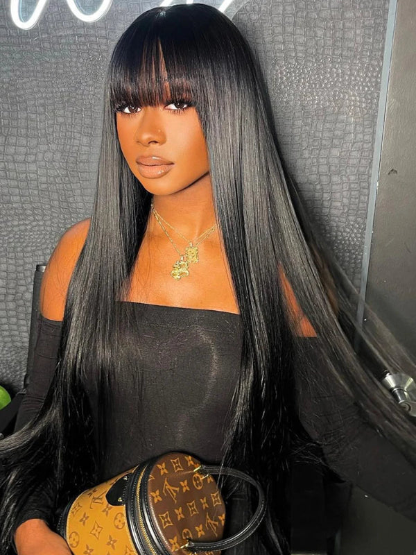 Sale True Scalp | 2x4 Realistic Yaki Straight Wig With Bangs Minimalist Undetectable Lace Wig