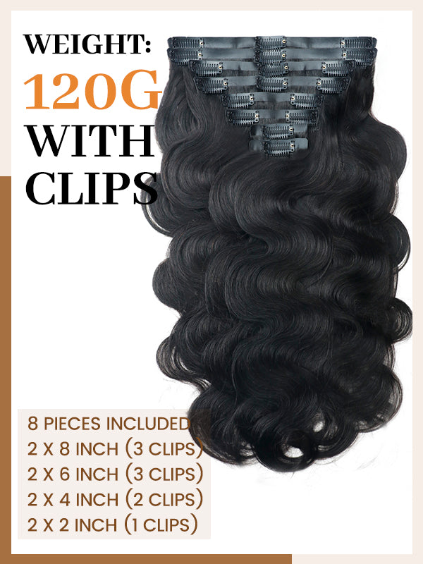 Extensions de cheveux à clips en PU Body Wave sans couture, 8 pièces avec 18 clips 