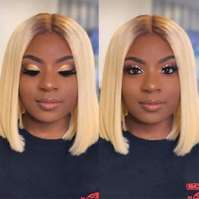 4/613 Ombre Blonde Straight Bob Pre-plucked Lace Human Wigs With Dark Brown Root