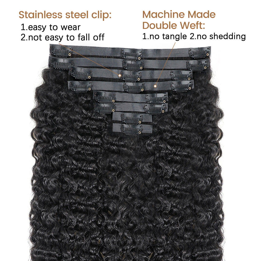 Extensions de cheveux bruts à clips | Extensions de cheveux bruts bouclés birmans sans couture, trame PU, 8 pièces avec 18 clips 