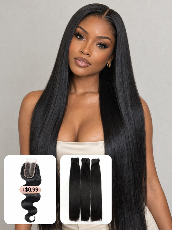 Straight Bundles 100% Virgin Human Hair Weave With 2x4 Lace Closure