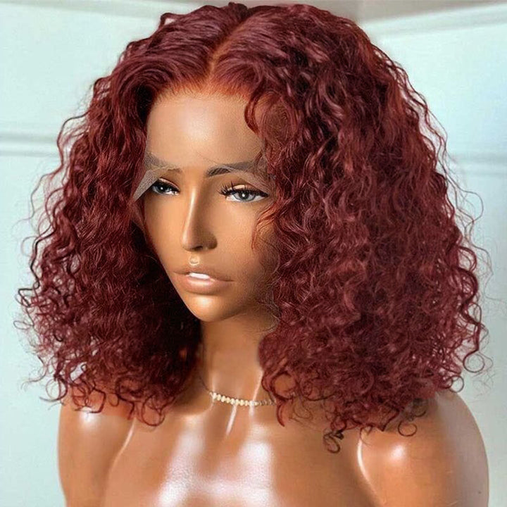 #33 Reddish Brown Curly Bob Wig Auburn Copper Transparent  Lace Human Hair Wig