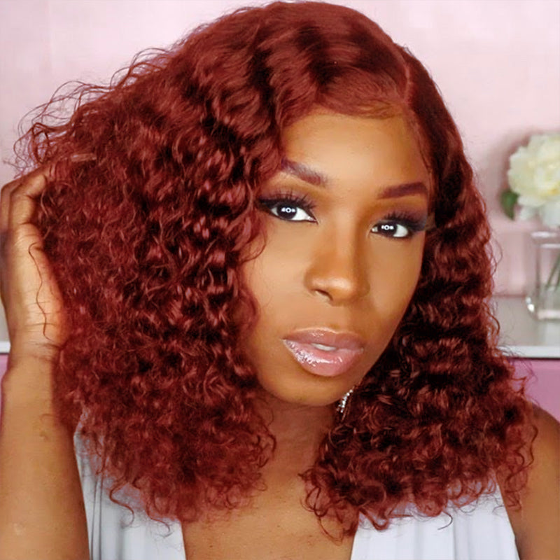 #33 Reddish Brown Curly Bob Wig Auburn Copper Transparent  Lace Human Hair Wig