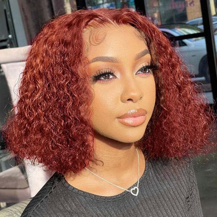 #33 Reddish Brown Curly Bob Wig Auburn Copper Transparent  Lace Human Hair Wig