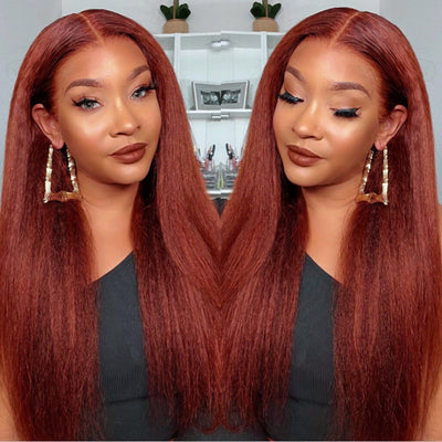 #33 Reddish Brown Kinky Straight Wig Auburn Copper HD Transparent Lace Human Hair Wig