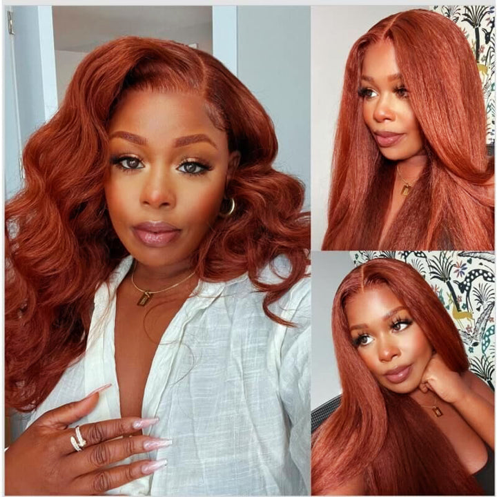 #33 Reddish Brown Kinky Straight Wig Auburn Copper HD Transparent Lace Human Hair Wig