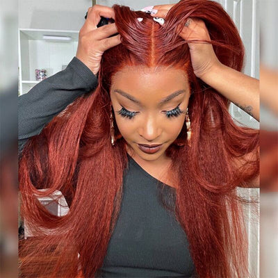 #33 Reddish Brown Kinky Straight Wig Auburn Copper HD Transparent Lace Human Hair Wig