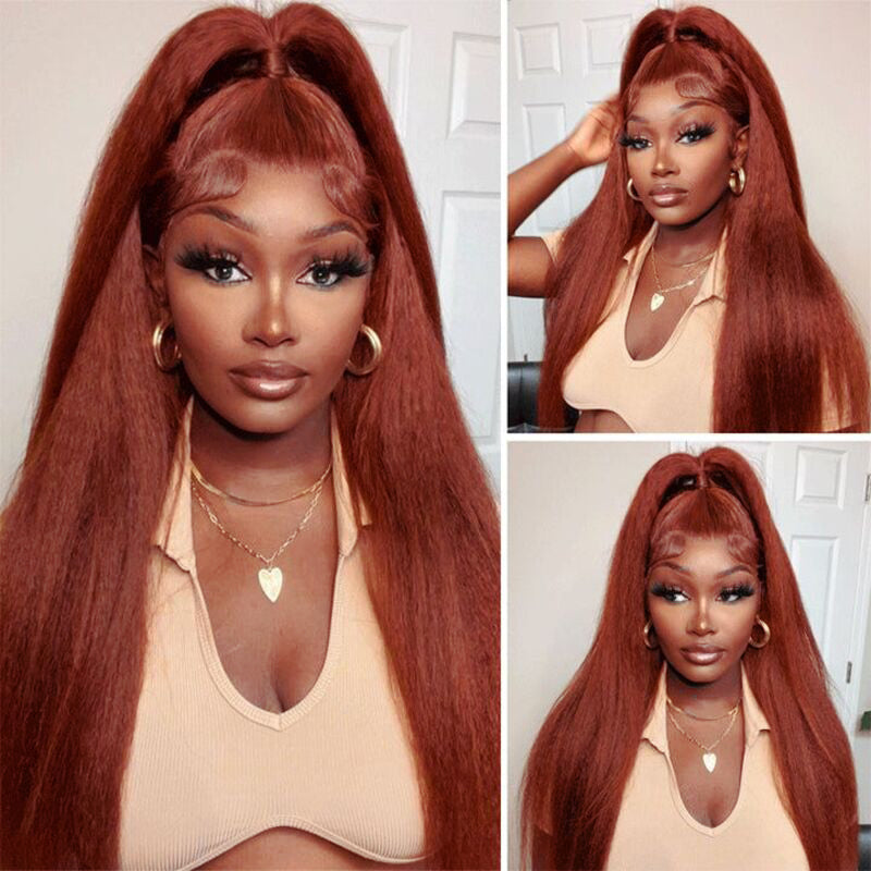 #33 Reddish Brown Kinky Straight Wig Auburn Copper HD Transparent Lace Human Hair Wig