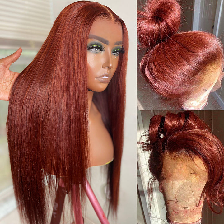 #33 Reddish Brown Straight HD Lace Wig Auburn Copper Color Wig Human Hair