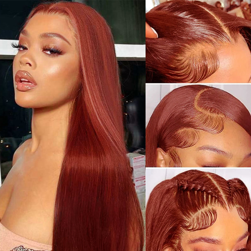 #33 Reddish Brown Straight HD Lace Wig Auburn Copper Color Wig Human Hair