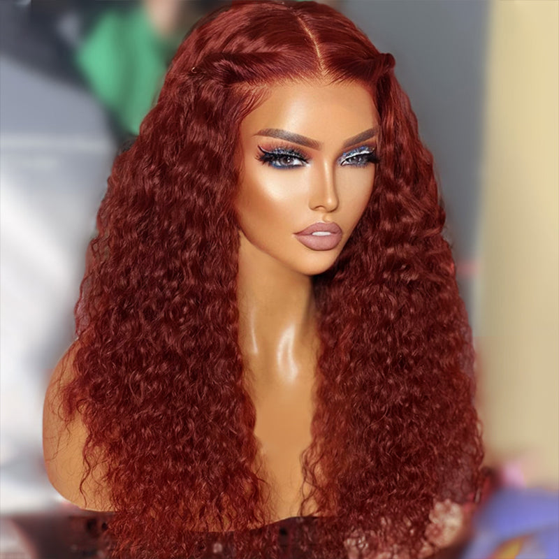 #33 Reddish Brown Water Wave Wig Auburn Copper HD Transparent Lace Human Hair Wig