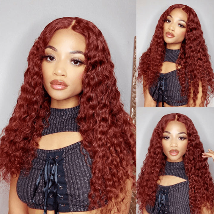 #33 Reddish Brown Water Wave Wig Auburn Copper HD Transparent Lace Human Hair Wig