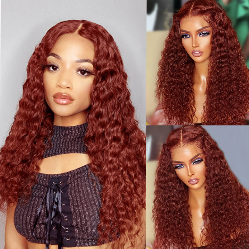 #33 Reddish Brown Water Wave Wig Auburn Copper HD Transparent Lace Human Hair Wig