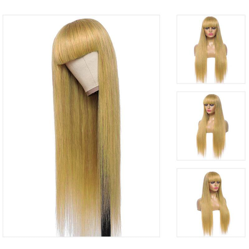 TUME #27  Honey Blonde Machine Made Wig With Bang Straight No Lace Human Hair Wig