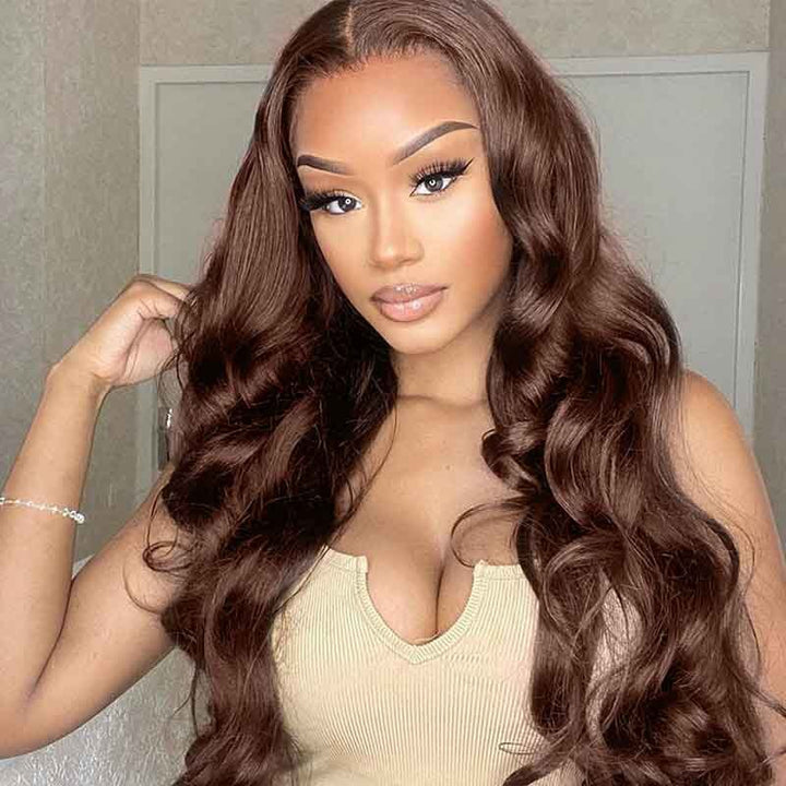 Wear & Go | #4 Chocolate Brown Pre-Bleached Body Wave Glueless Wig Invisible Lace Wig Dome Cap Wigs