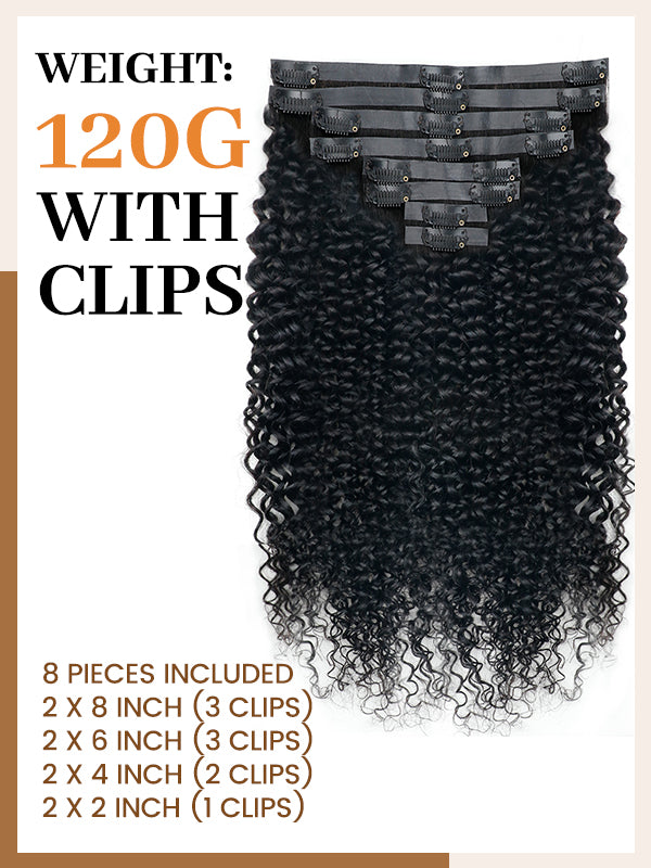 Raw Hair Clip Ins | Kinky Curly Seamless PU Weft Raw Hair Extensions 8pcs With 18 Clips