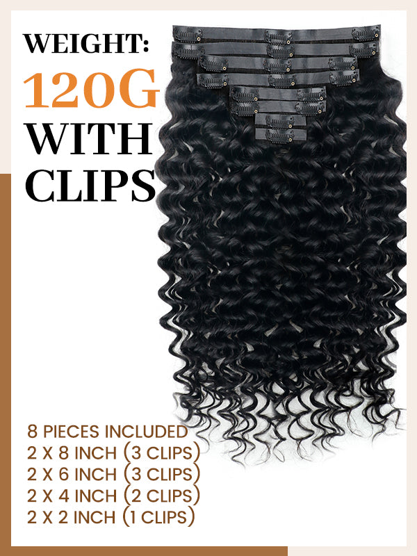 Extensions de cheveux bruts à clips | Extensions de cheveux bruts ondulés profonds sans coutures, trame PU, 8 pièces avec 18 clips 
