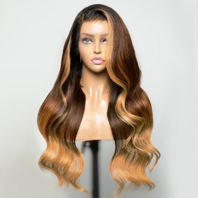 Ombre Blonde Lace Frontal Wig Human Hair Pre Plucked T1B/4/27 Body Wave Glueless Lace Front Wigs