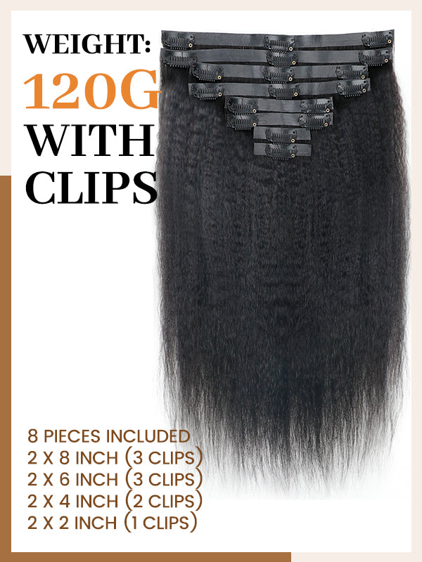 Raw Hair Clip Ins | Kinky Straight Seamless PU Weft Raw Hair Extensions 8pcs With 18 Clips