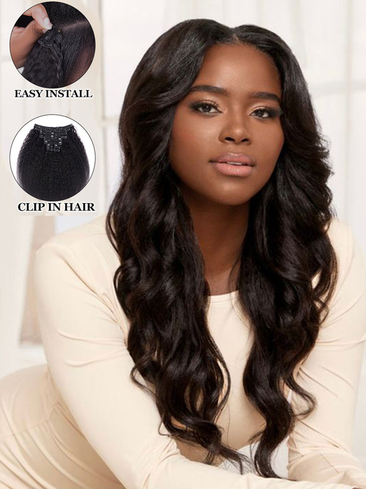 Raw Hair Clip Ins | Kinky Straight Seamless PU Weft Raw Hair Extensions 8pcs With 18 Clips