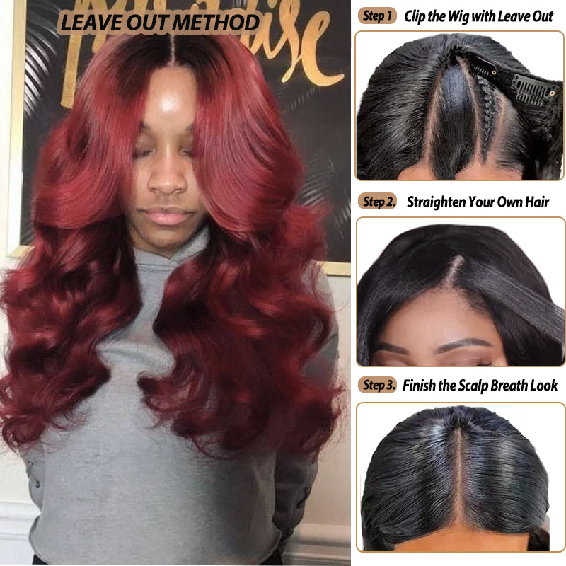 No Leave Out Glueless 1B/99J Balayage Body Wave V Part Wig Beginner Friendly Upgrade U Part Wig