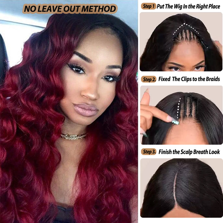 No Leave Out Glueless 1B/99J Balayage Body Wave V Part Wig Beginner Friendly Upgrade U Part Wig