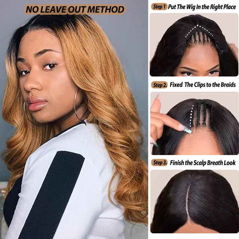 Glueless #T1B/27 Ombre V Part Wig No Leave Out Beginner Friendly Upgrade U Part Wig