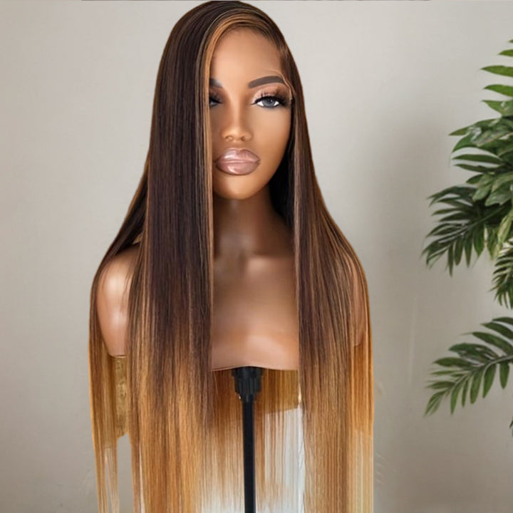 Silky Straight Dark Brown with Chestnut Brown Highlights Wig 5x5/13x6 Light Brown Highlights 180% Density Wig