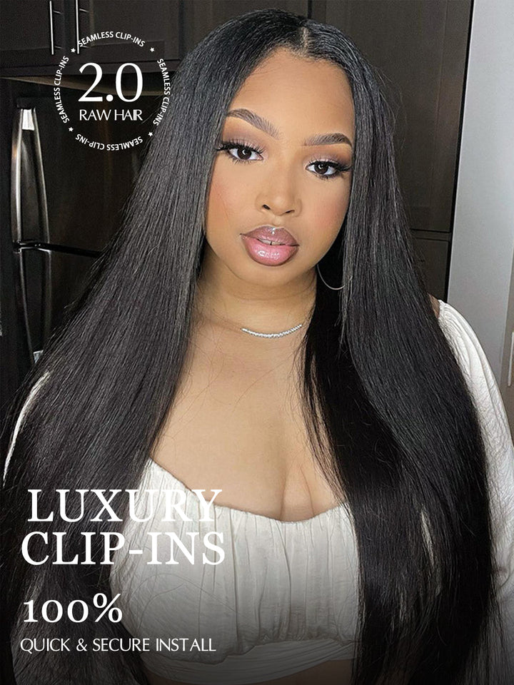 Raw Hair Clip Ins | Yaki Straight Seamless PU Weft Raw Hair Extensions 8pcs With 18 Clips