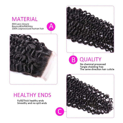 10A Curly 3 Bundles with 4x4 Lace Closure 100% Human Hair Extensions