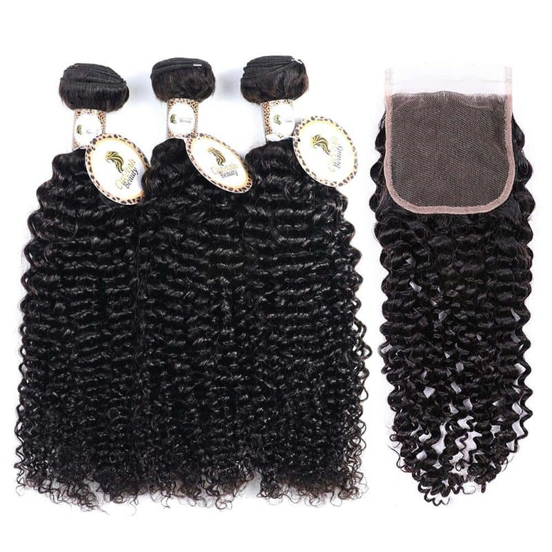 10A Curly 3 Bundles with 4x4 Lace Closure 100% Human Hair Extensions