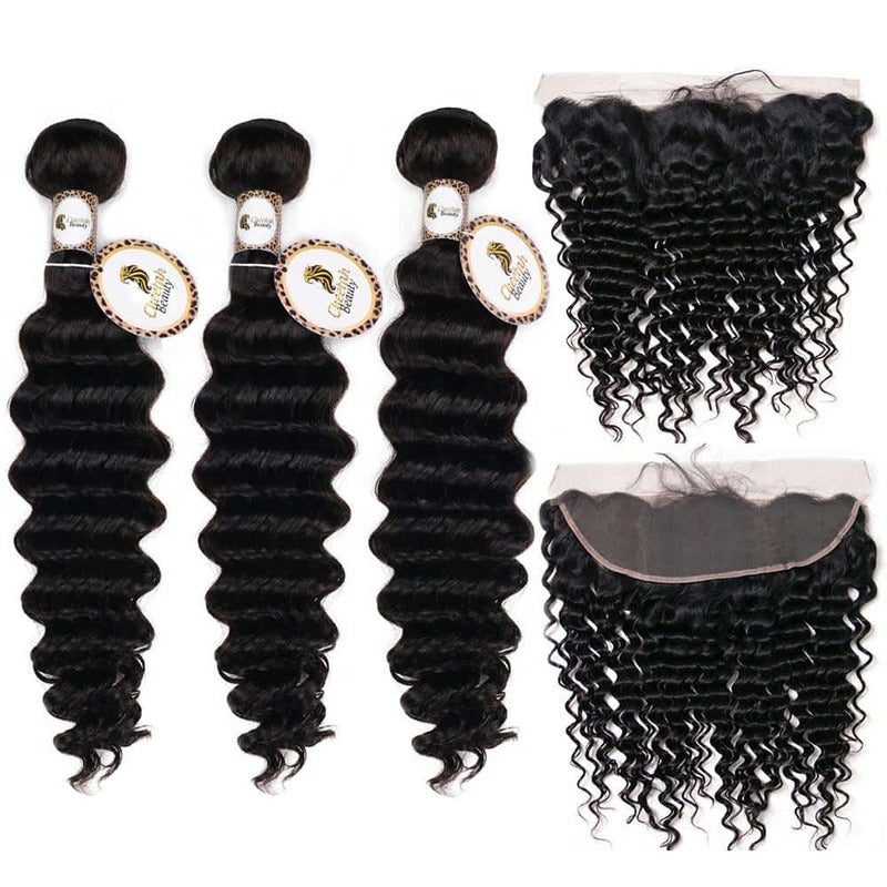 10A Deep Wave Bundles With 13x4 Lace Frontal 100% Virgin Human Hair