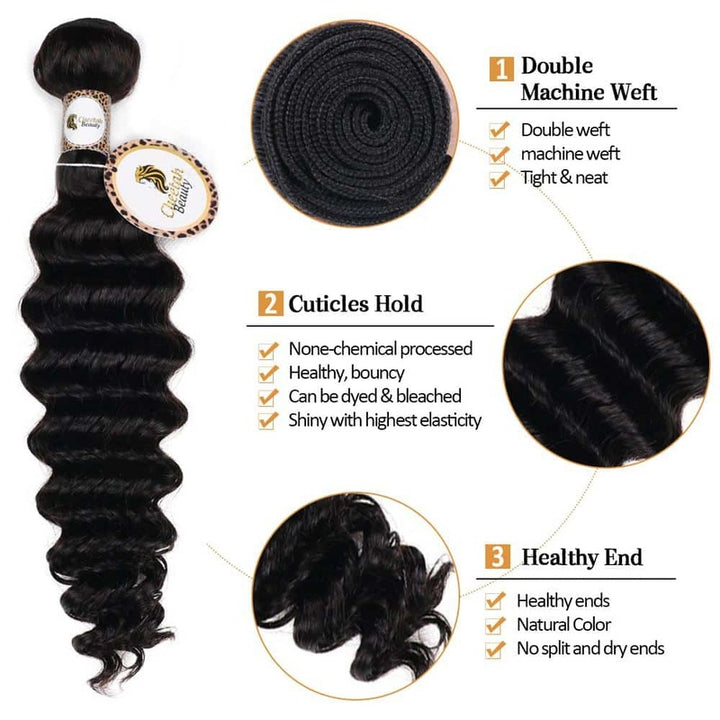 10A Deep Wave 3 Bundles with 4x4 Lace Closure Virgin Human Hair Extension