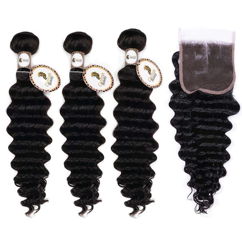 10A Deep Wave 3 Bundles with 4x4 Lace Closure Virgin Human Hair Extension