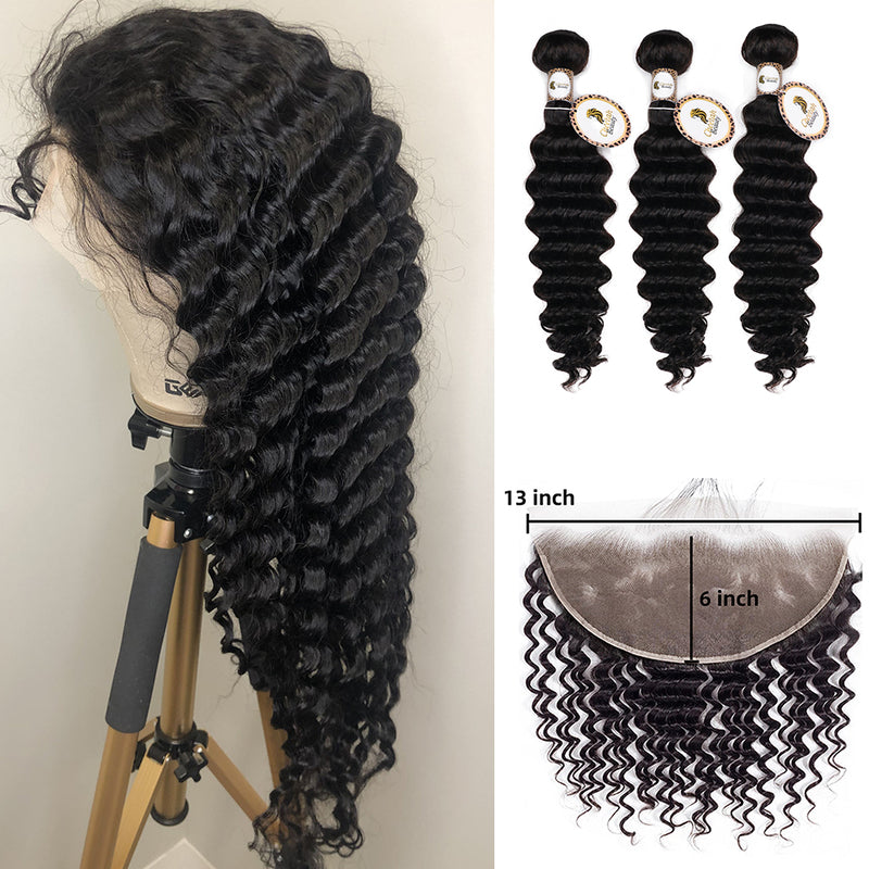 10A Deep Wave Bundles With 13x6 Lace Frontal 100% Virgin Human Hair