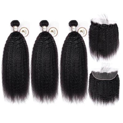 10A Human Hair Extensions Kinky Straight Bundles With 13x4 Lace Frontal