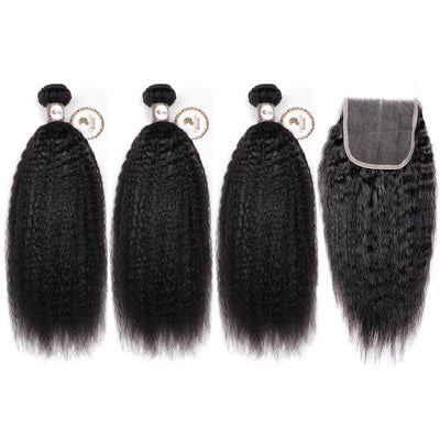 Kinky Straight Bundles with 4x4 Lace Closure 10A Human Hair Extension