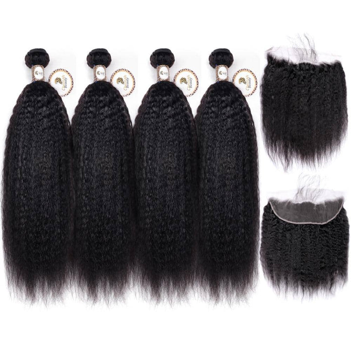 10A Kinky Straight 4pcs Bundles with 13x4 Lace Frontal CheetahBeauty 100% Brazilain Virgin Human Hair 