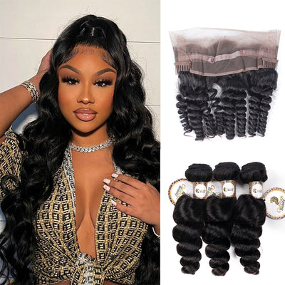 Loose Wave Bundles With 360 Lace Frontal 10A Virgin Human Hair Extension