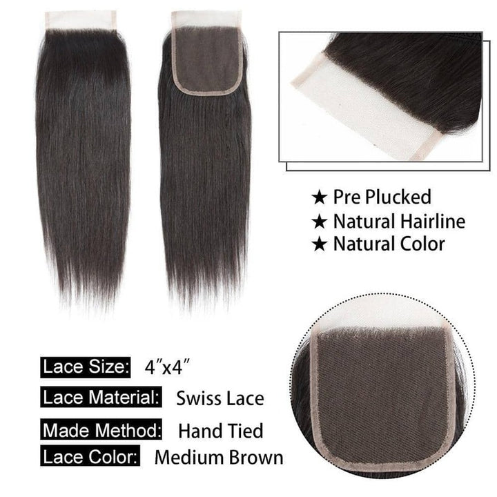 Straight Bundles with 4x4 Lace Closure 100% 10A Human Hair Extension