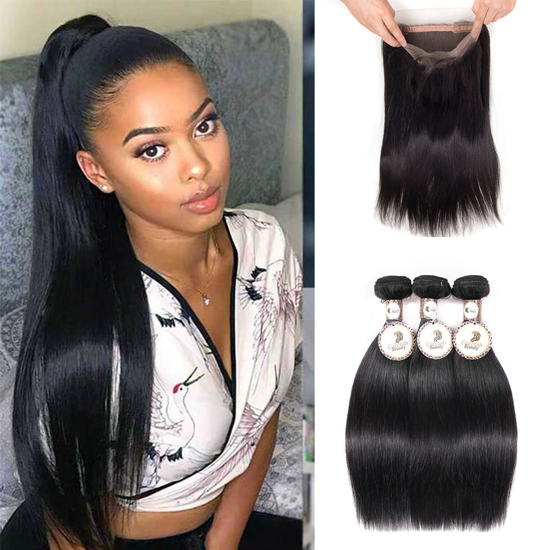 Straight Bundles With 360 Lace Frontal 100% 10A Human Hair Extension