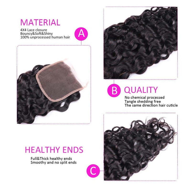 Water Wave Bundles with 4x4 Lace Closure 10A Virgin Human Hair Extension