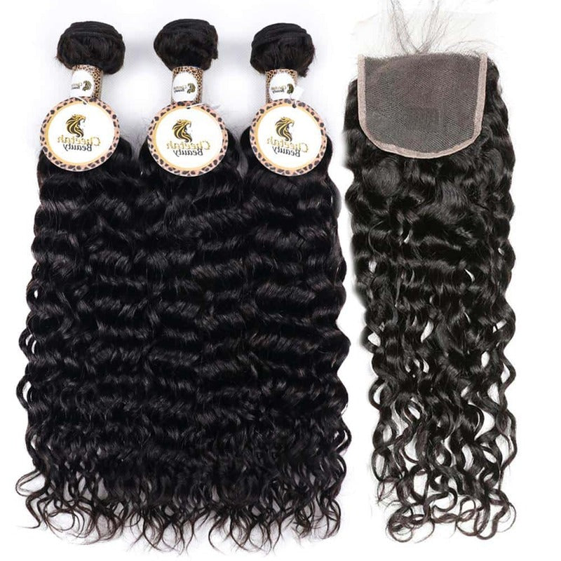 Water Wave Bundles with 4x4 Lace Closure 10A Virgin Human Hair Extension