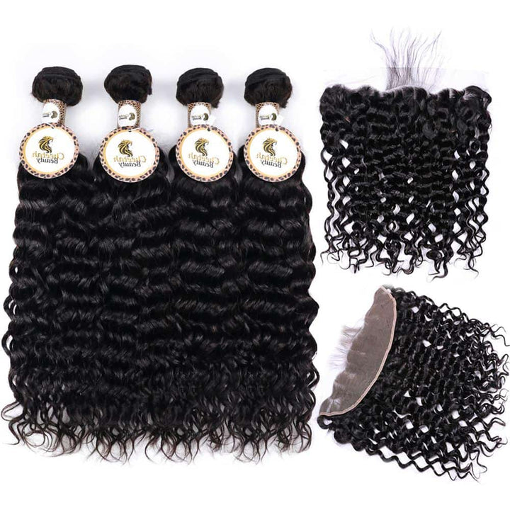 10A Water Wave 4pcs Bundles With 13x4 Lace Frontal CheetahBeauty 100% Brazilian Virgin Human Hair 