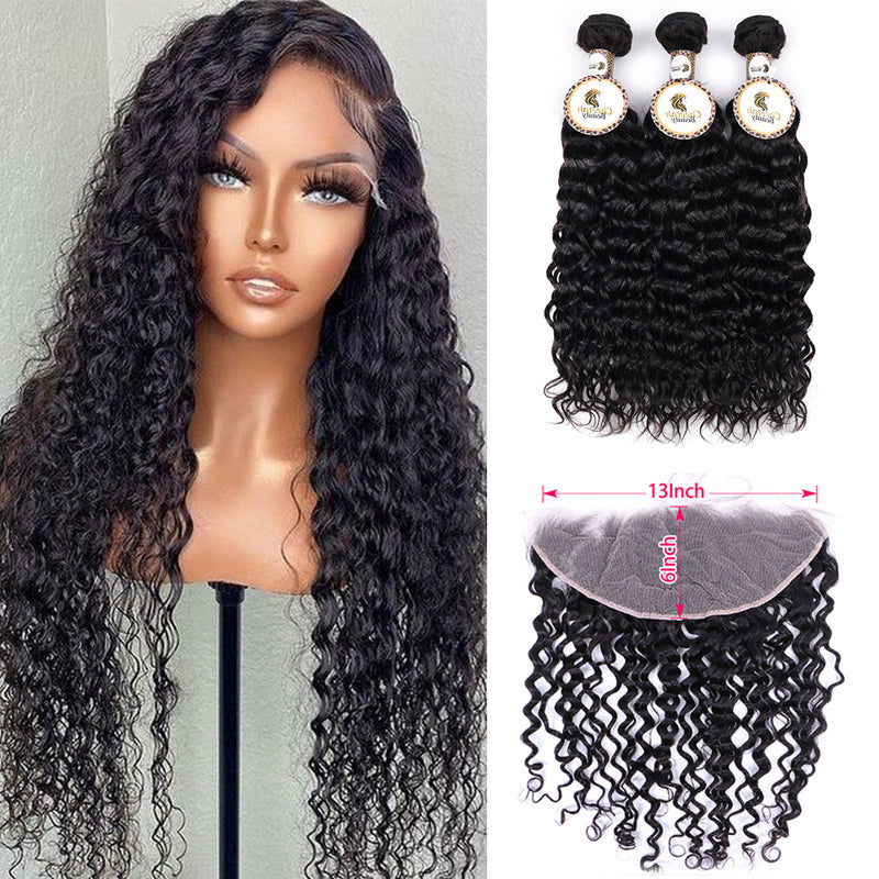 Water Wave Bundles With 13x6 Lace Frontal 10A Virgin Human Hair Extension