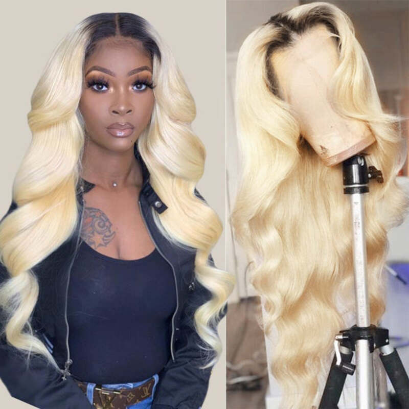 T1B/613 Colored Blonde Wig Dark Roots Virgin Human Hair Wig