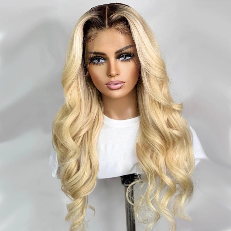 T1B/613 Colored Blonde Wig Dark Roots Virgin Human Hair Wig