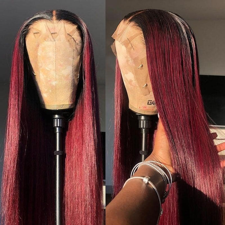 1B/99J Ombre Burgundy Human Hair Wig Straight HD Transparent Lace Wig