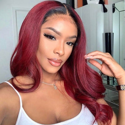 1B/99J Ombre Burgundy Human Hair Wig Straight HD Transparent Lace Wig